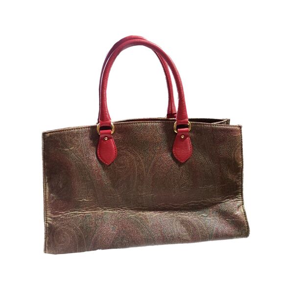 Etro (Authentic) Paisley Print Coated Canvas & Coral Pink Leather Large Bag VGUC - Picture 3 of 12